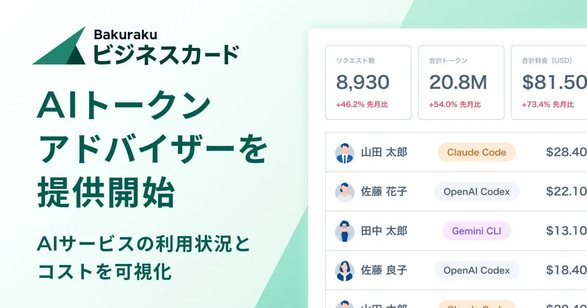 バクラクビジネスカード、AIサービスの利用状況とコストを可視化する「AIトークンアドバイザー」を提供開始